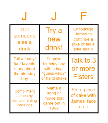James' 30th Birthday Bingo Card
