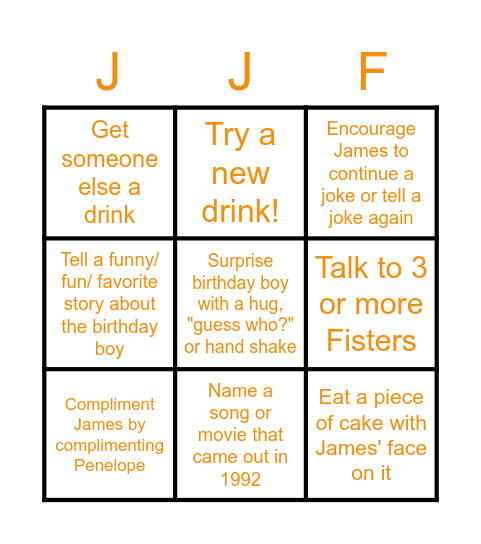 James' 30th Birthday Bingo Card