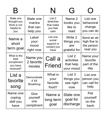 Mental Health Bingo Card