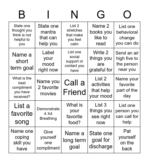 Mental Health Bingo Card