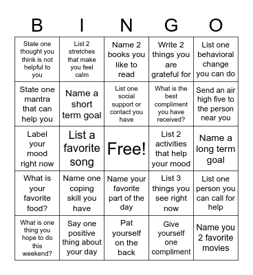 Mental Health Bingo Card