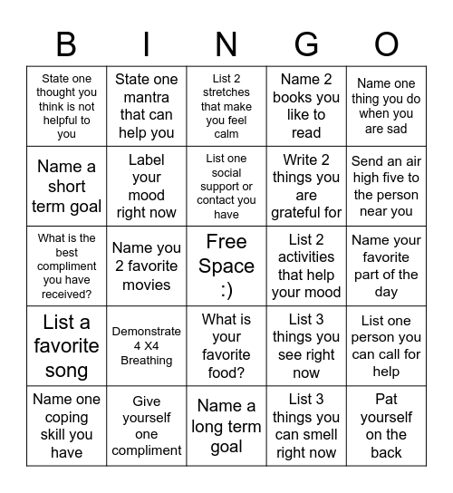 Mental Health Bingo Card