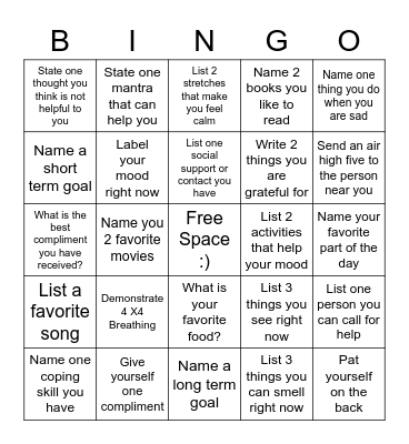 Mental Health Bingo Card