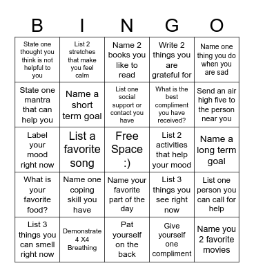 Mental Health Bingo Card