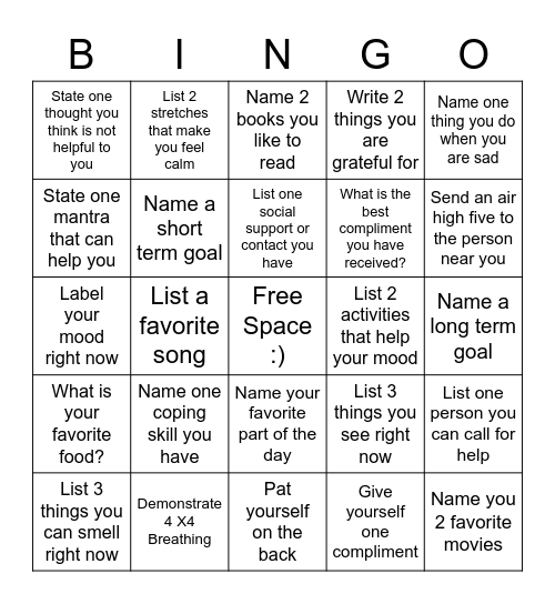 Mental Health Bingo Card