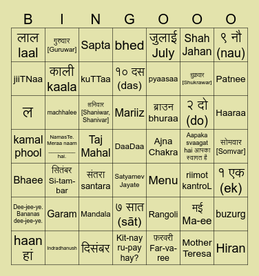 End of trimester - India Bingo Card