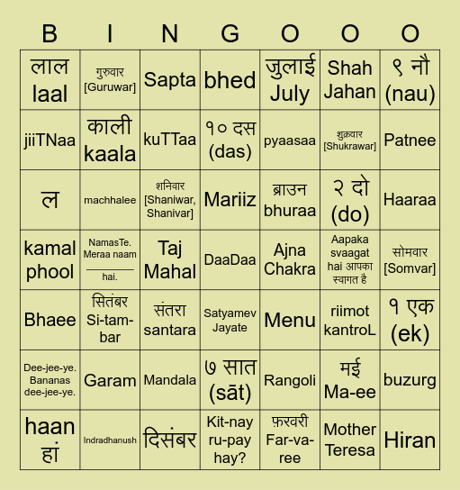 End of trimester - India Bingo Card