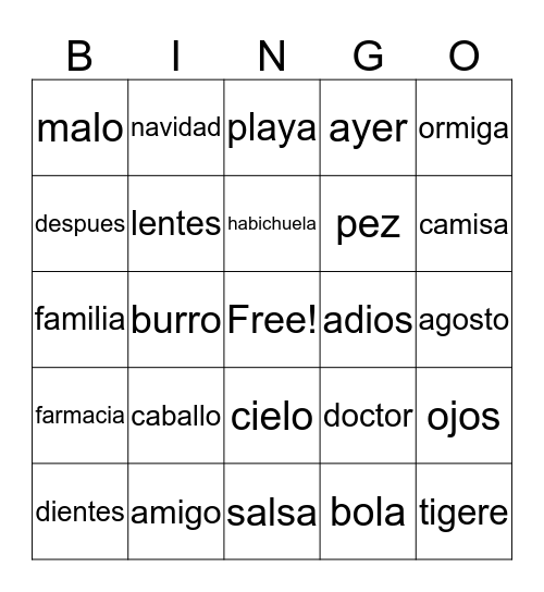 Español 101  Bingo Card