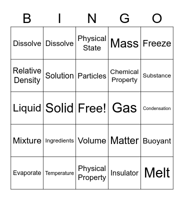 States of Matter Bingo Card