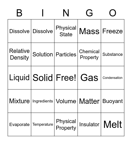 States of Matter Bingo Card