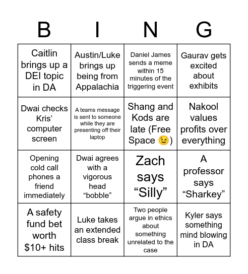 Section C Bingo Card