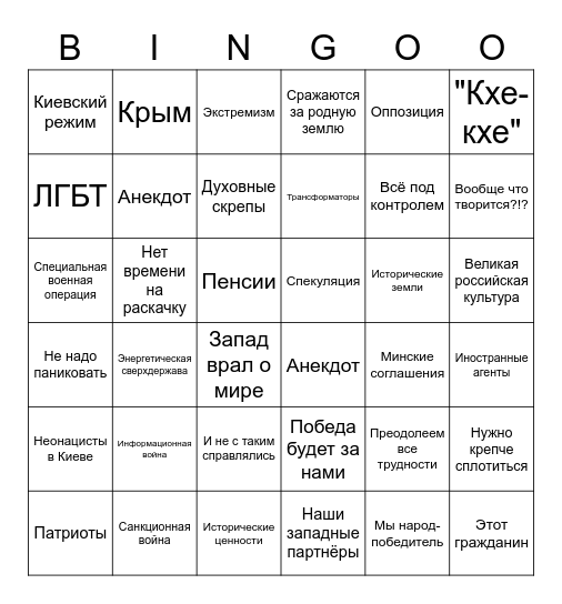 Путин-бинго 2023 Bingo Card