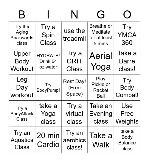 YMCA Fitness Bingo Card