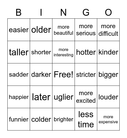 Comparative Bingo Card