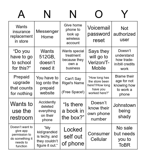 Annoying Bingo Card