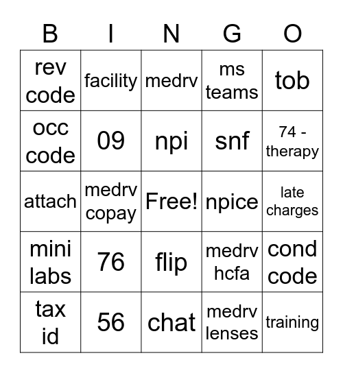 facility Bingo Card