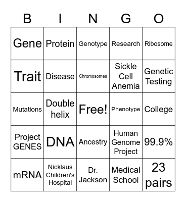 Project GENES Bingo Card