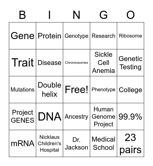 Project GENES Bingo Card