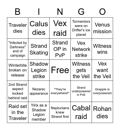 Lightfall Bingo Card