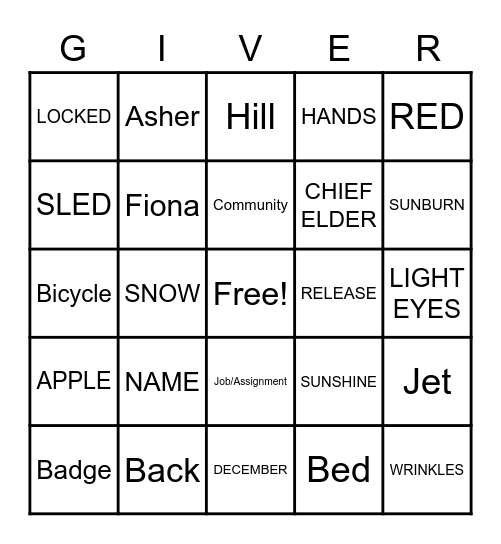 THE GIVER Bingo Card