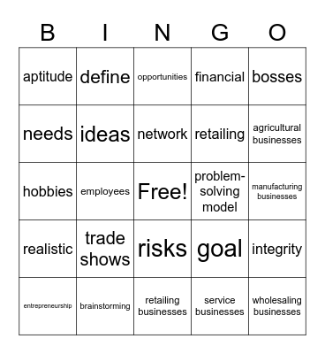Chapter 1 Entrepreneurship Bingo Card