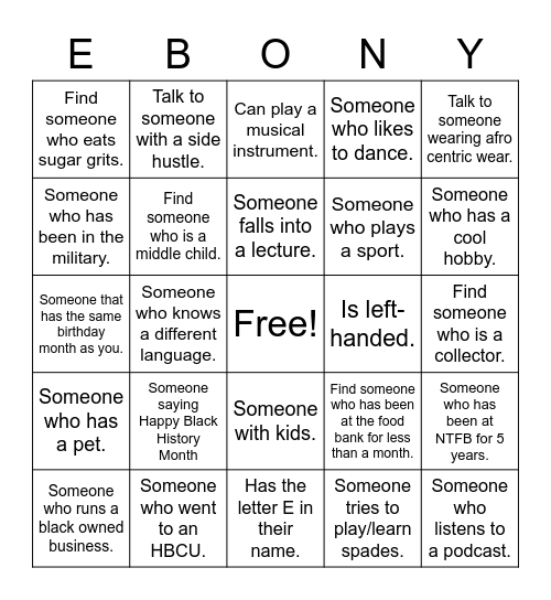 Ebony voices Get to Know You Bingo Card