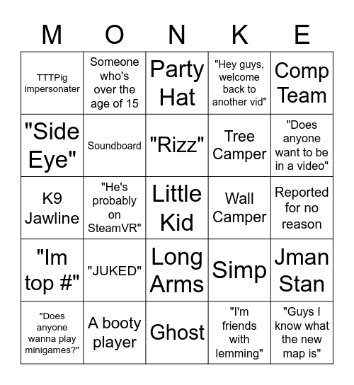 Gorilla Tag Competitive Board Bingo Card