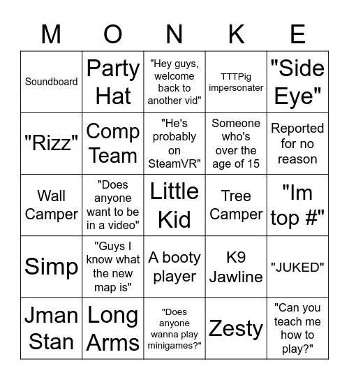 Gorilla Tag Competitive Board Bingo Card
