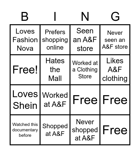 The A&F Bingo Game ! Bingo Card