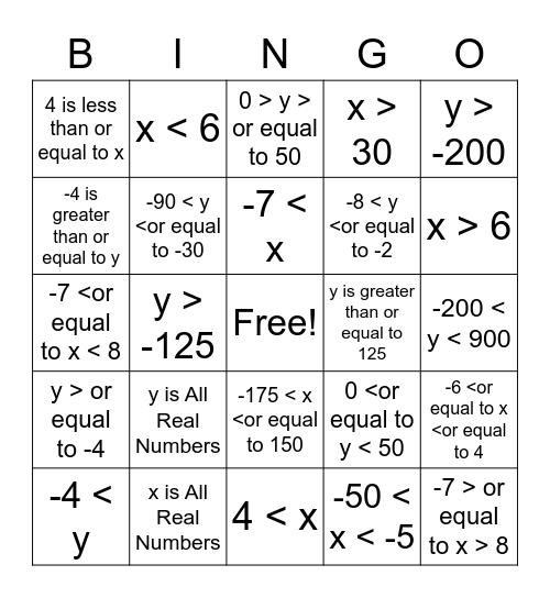 Domain and Range BINGO Card