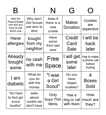 Girl Scout Cookie Booth Bingo Card