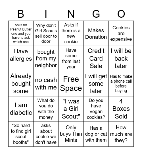 Girl Scout Cookie Booth Bingo Card