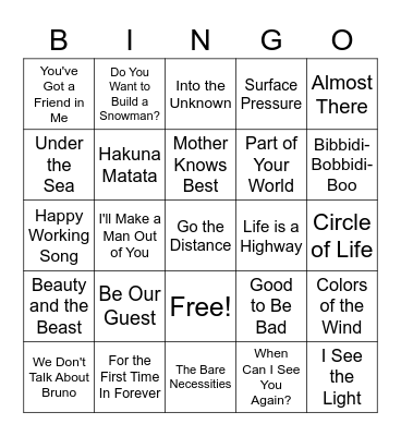 Disney Jukebox Bingo! Bingo Card