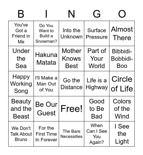 Disney Jukebox Bingo! Bingo Card