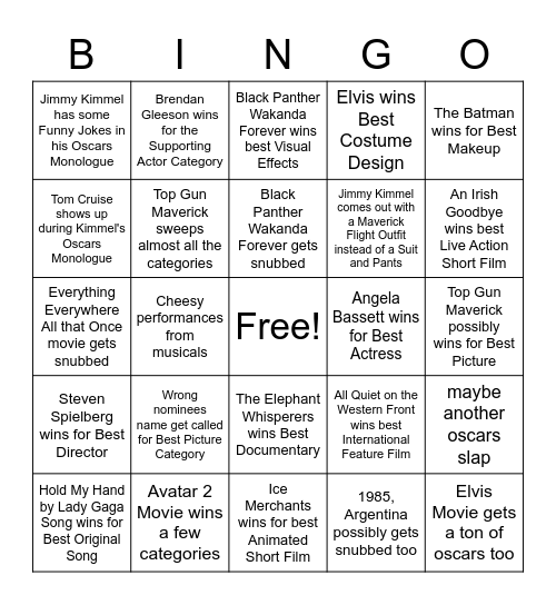 Oscars 2023 Bingo Card