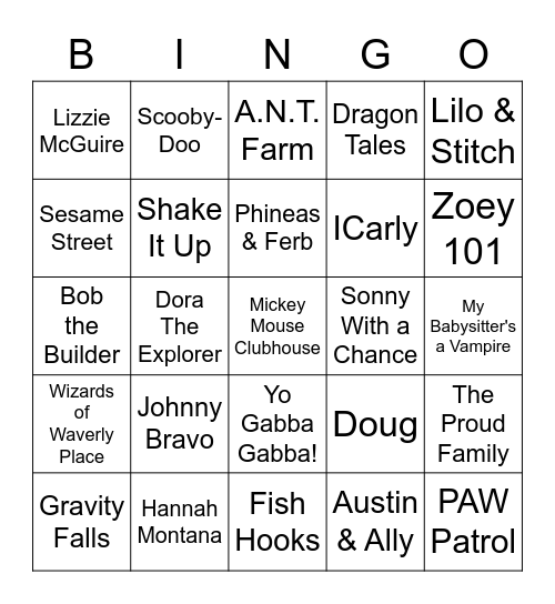 Kids Shows Theme Songs Bingo Card