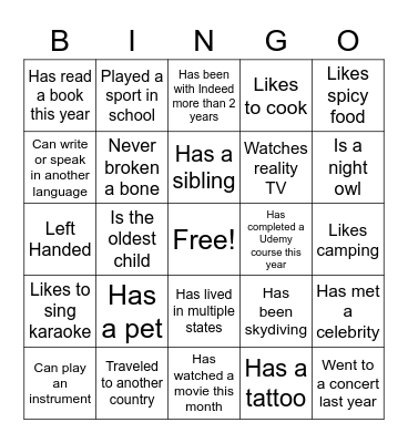 Icebreaker Bingo Card