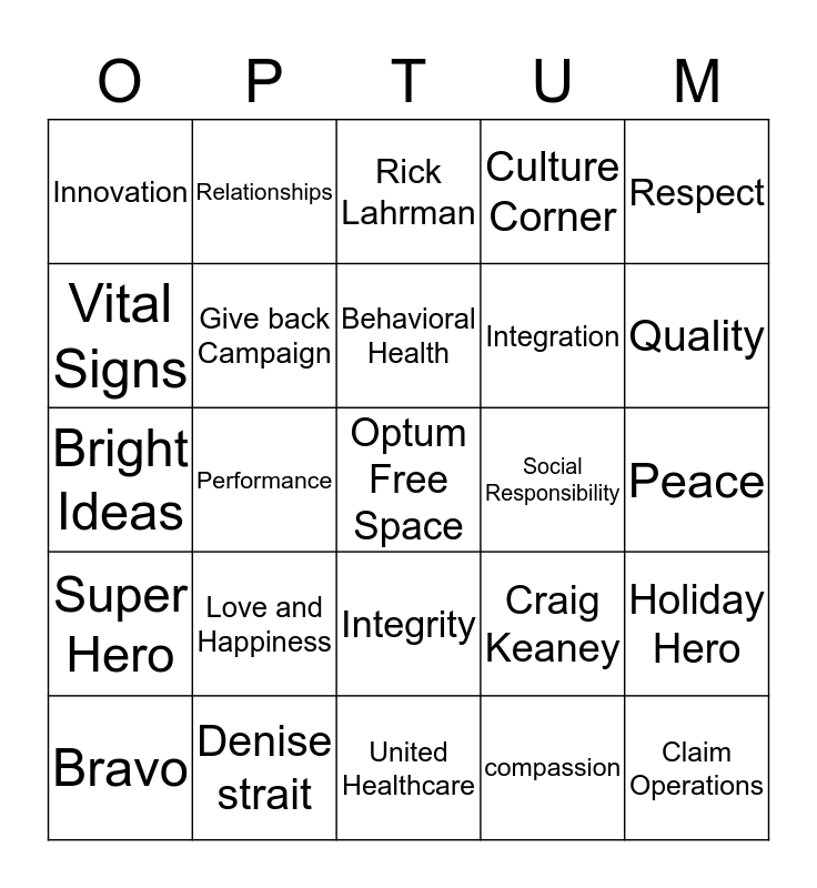 Optum Holiday Bingo Card