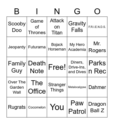 TV Theme Bingo Card