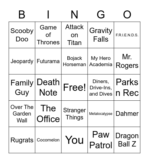 TV Theme Bingo Card