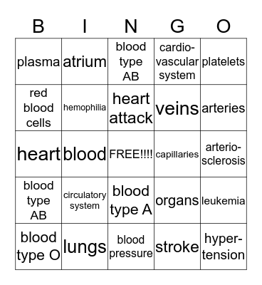 Circulatory System BINGO Card