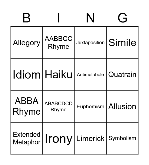 Poetry Challenge Bingo Card