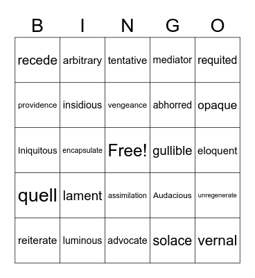 Vocabulary BINGO Card