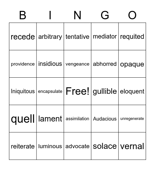 Vocabulary BINGO Card