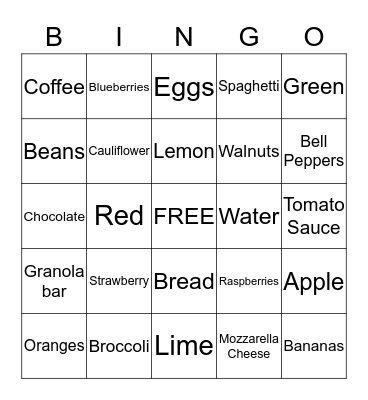 Healthy Eating Bingo Card