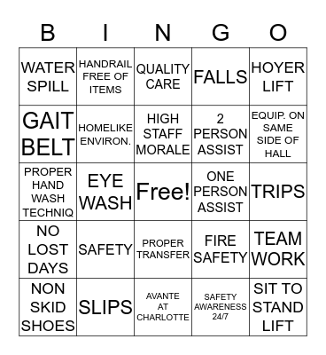 Avante at Charlotte Safety Bingo Card