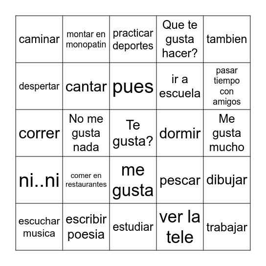 Unidad 1A Los Gustos Bingo Card