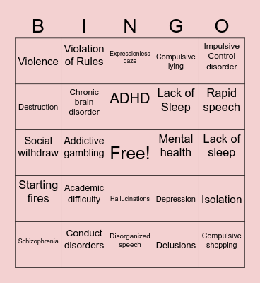 Conduct Disorder Bingo Card