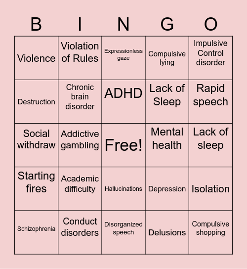 Conduct Disorder Bingo Card