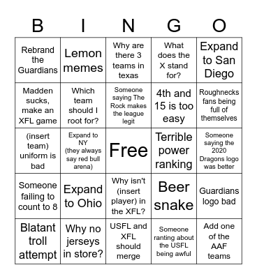 XFL chat bingo Card